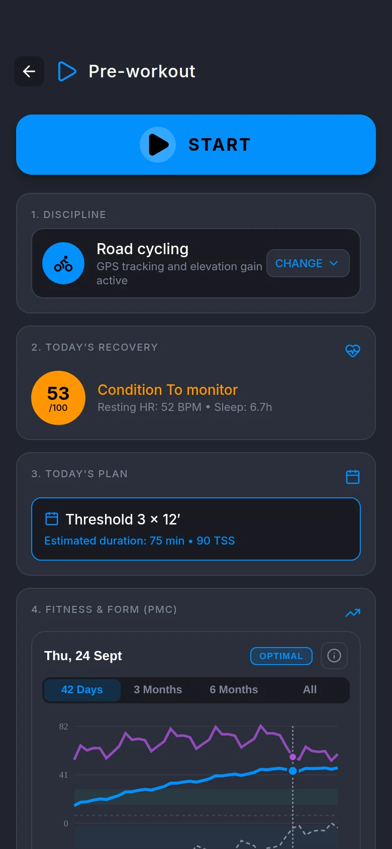 Pre-workout screen: recovery 53/100, the planned threshold session and the fitness chart.