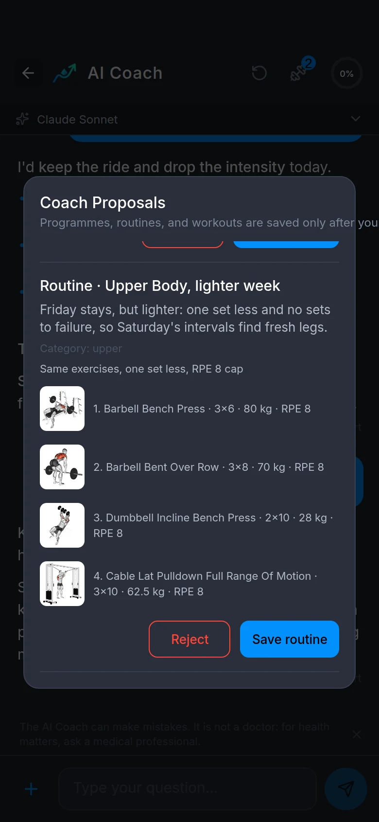 Coach proposal: a lighter Upper Body routine with exercises, sets, kg and the Reject and Save routine buttons.