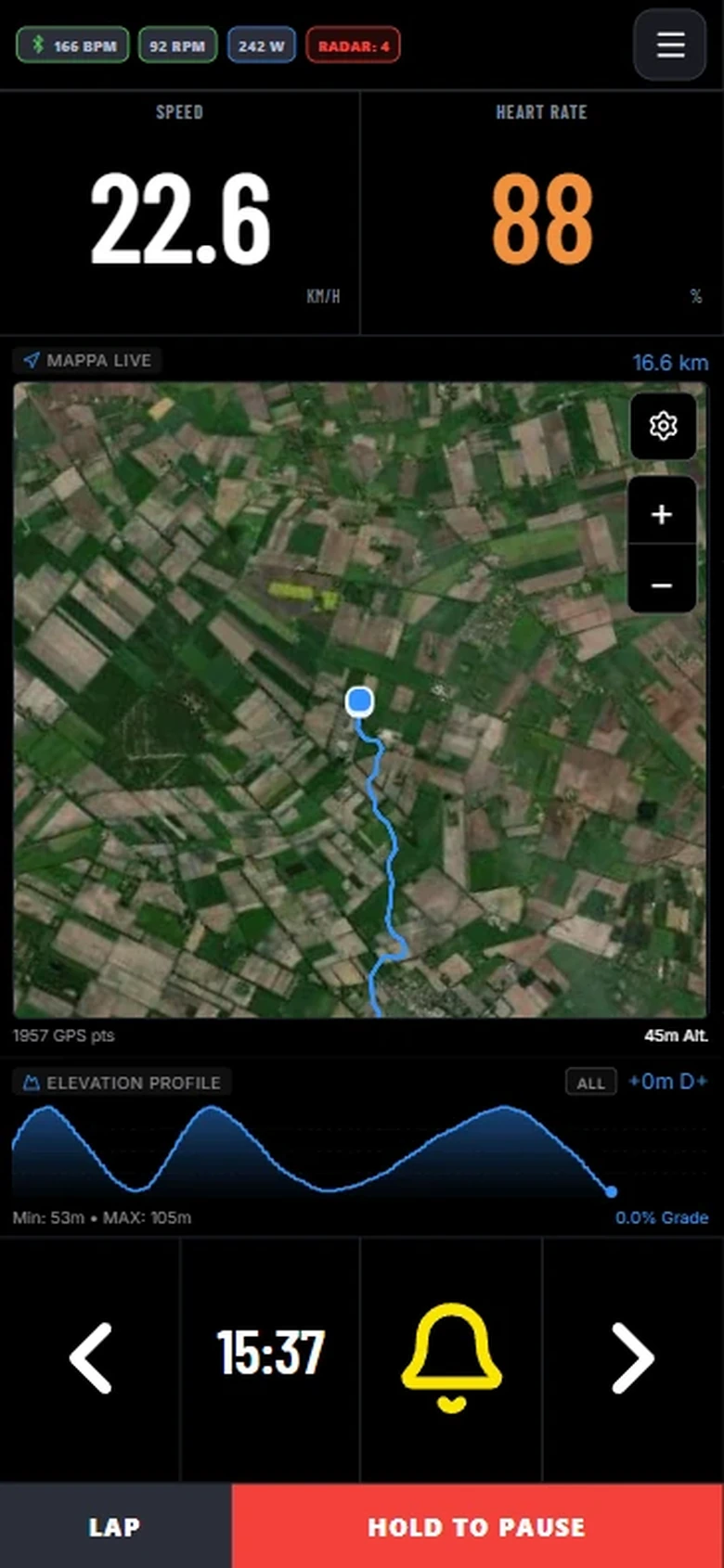 Map with the route track and the elevation profile.