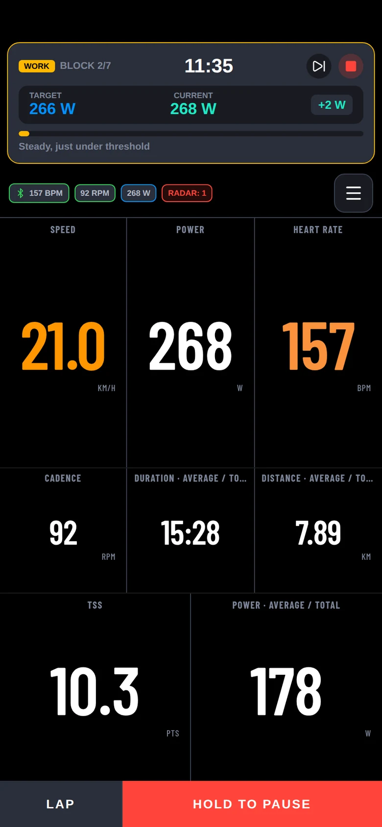 Interval player: target, current power and block time.