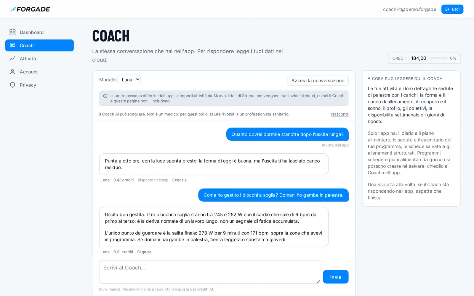 La pagina Coach del portale, con una domanda e la risposta.