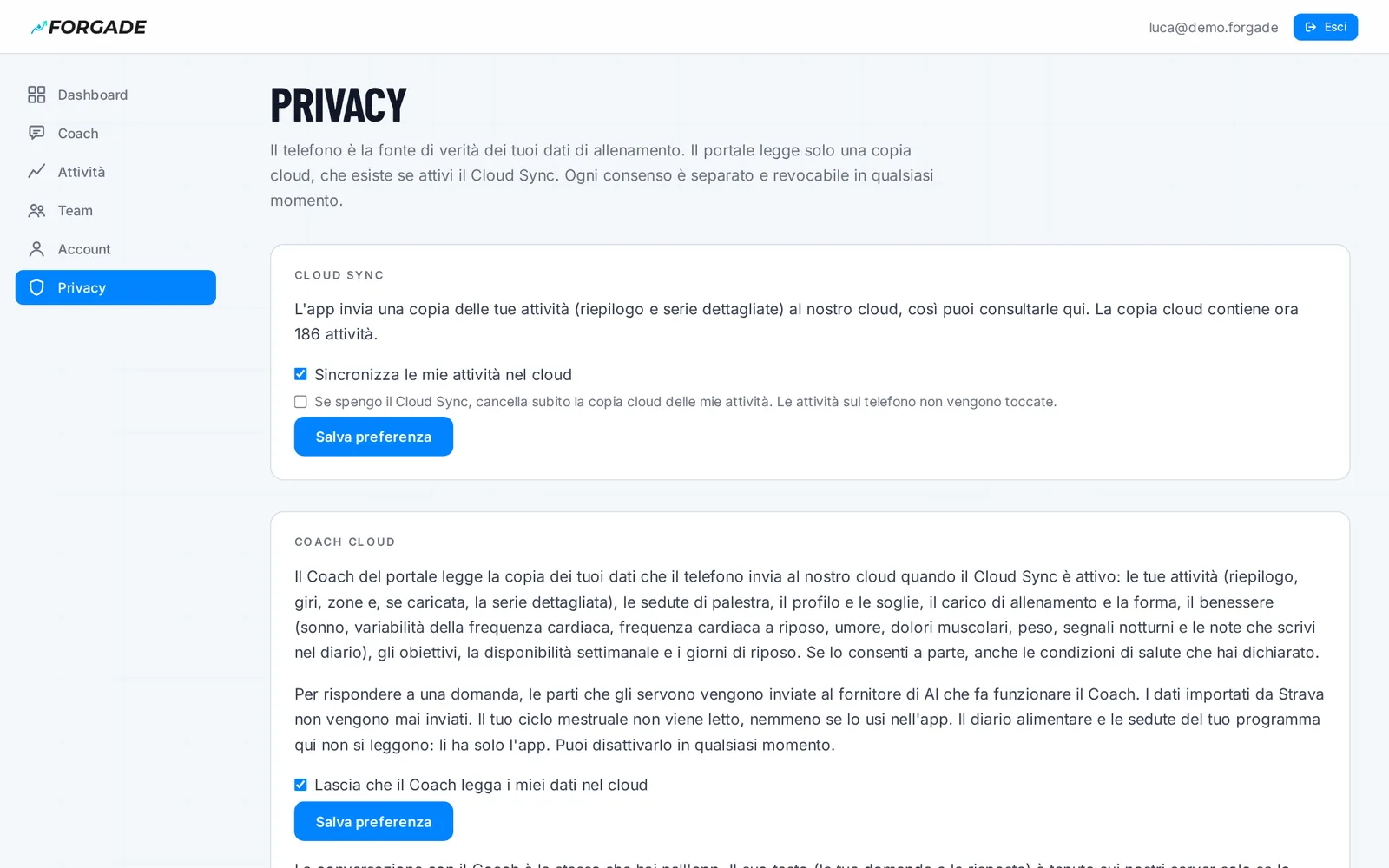 Pagina Privacy del portale con i consensi e l'export dei dati.