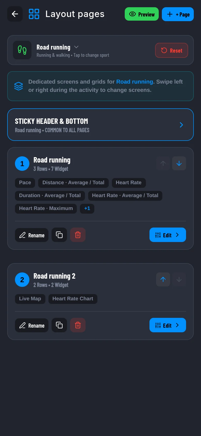 Cockpit pages for road running, one per swipe.