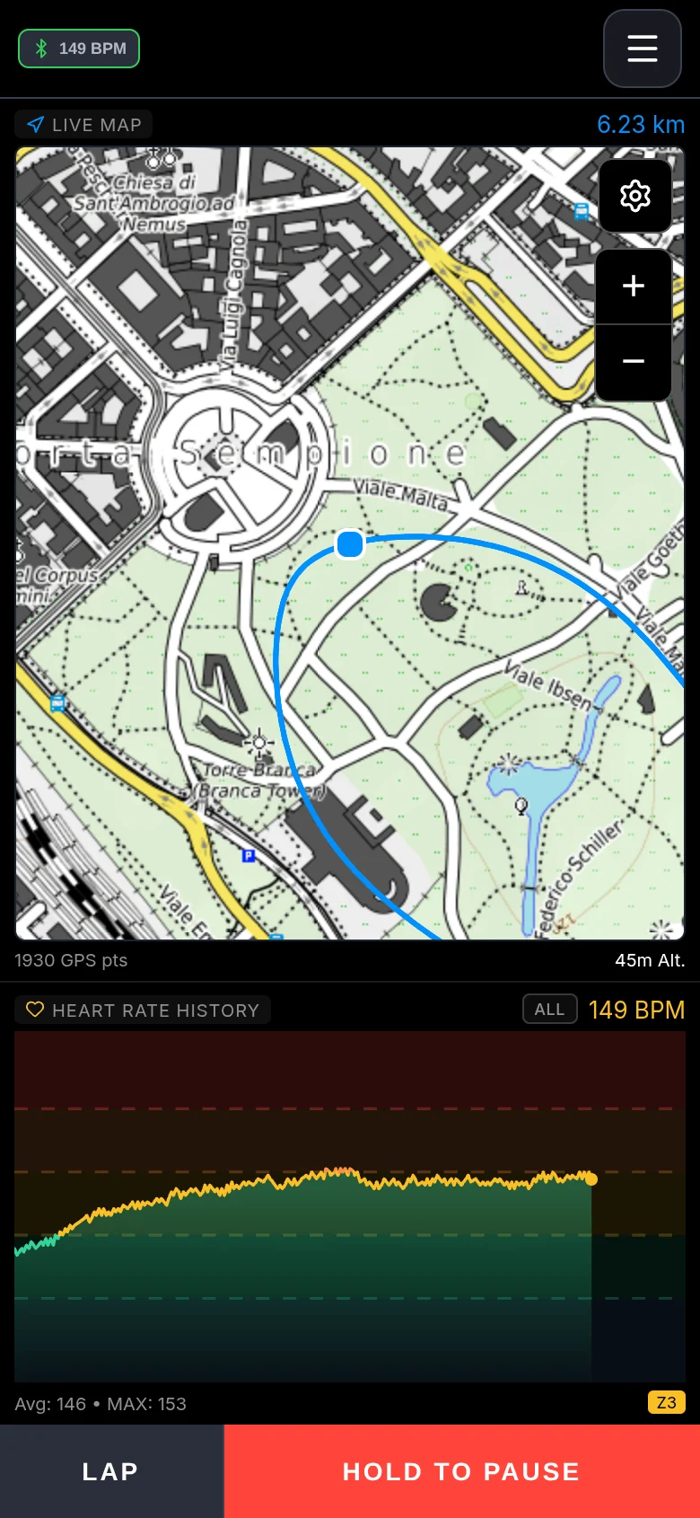The map and heart rate of the same run, after 32 minutes.